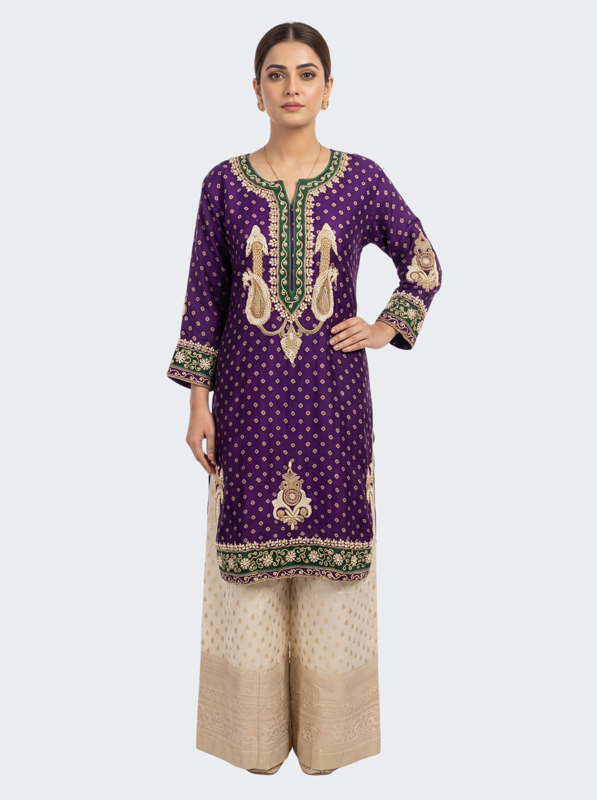 Purple Raw Silk Shirt, Palazzo And Dupatta with Cutdana, Pearl and French Knot Embroidery 3
